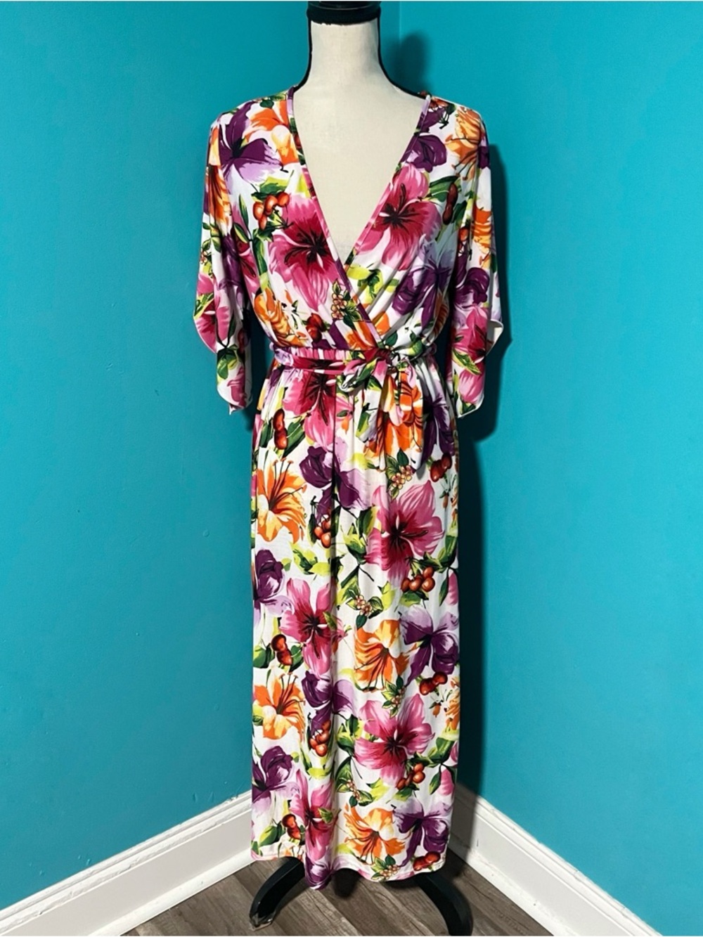 NWT Seven Islands S Colorful Tropical Floral Print Belted 3/4 Sleeve Maxi Dress
